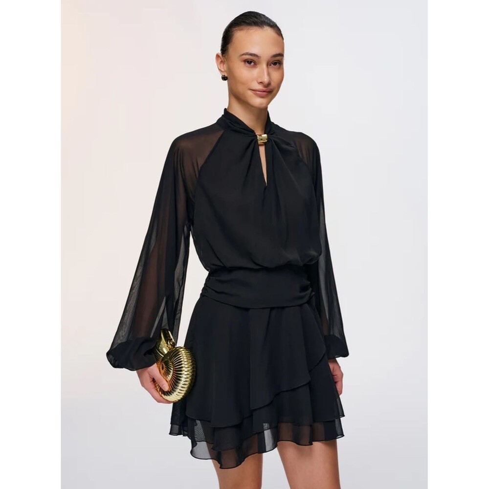 Commense Black Layered Chiffon Mini Dress